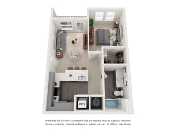 3D floor plan of one bedroom apartment at The Aurea Apartments, Houston, TX 77093