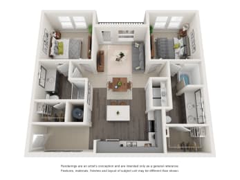 3D floor plan with two bedrooms and bathrooms at The Aurea Apartments, Houston, TX