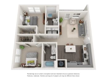 3D floor plan showing two bedroom layout at The Aurea Apartments, Houston, 77093