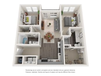 3D apartment floor plan with furnished rooms at The Aurea Apartments, Houston, Texas