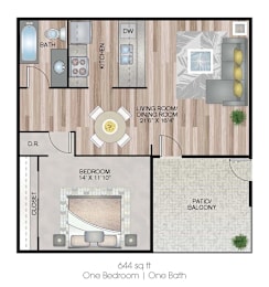 A floor plan of a 644 square foot one bedroom apartment with one bath.