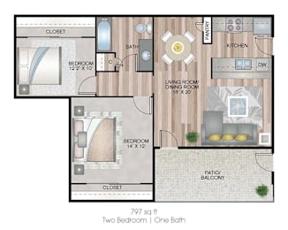 A floor plan of a 797 square foot home with two bedrooms and one bath.