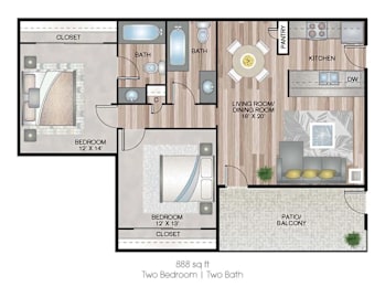 A floor plan of a 888 sq ft apartment with two bedrooms and two bathrooms.