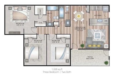 A floor plan of a house with three bedrooms and two bathrooms.
