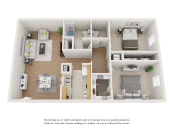 a 3d floor plan of a 1 bedroom apartment  at Whispering Oaks, Texas, 77301