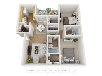 A 3D floor plan of a house with a living room, dining room, kitchen, and bedrooms.