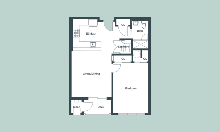 1-Bedroom_761sf Floor Plan at 1177 Greens Farms, Westport, CT