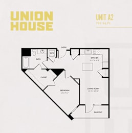 A floor plan of a Union House apartment unit labeled A2, which is 735 square feet.