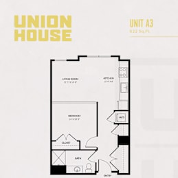 A floor plan for a 622 square foot Union House unit, showing a living room, kitchen, bedroom, bath, closet, and entry.