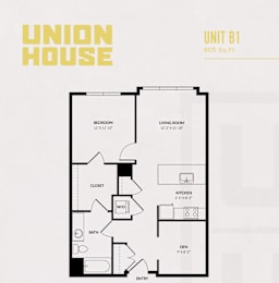 A floor plan for a Union House apartment unit B1, which is 805 square feet.