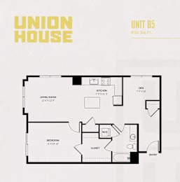 Unit b5 one bedroom den floor plan 930 square feet at Union House Apartments, Massachusetts, 1702