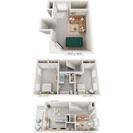 Floor Plan  Three different floor plans of a house with dimensions.