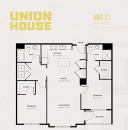 A floor plan of a Union House apartment unit C1, which is 1,117 square feet.