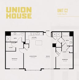 A floor plan of a Union House apartment unit with a living room, two bedrooms, a kitchen, a dining area, and a bathroom.