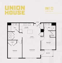 A floor plan of a Union House apartment unit C3, which is 1,087 square feet.