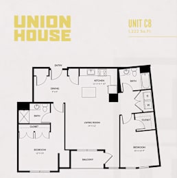 A floor plan of a Union House apartment unit C8, which is 1,222 square feet.