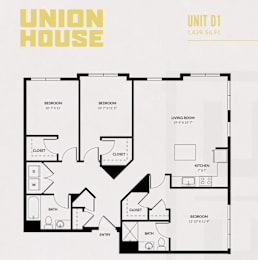 Unit d1 three bedroom floor plan 1439 square feet at Union House Apartments, Framingham, Massachusetts