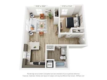A floor plan of a small apartment with a living room, kitchen, and bathroom.