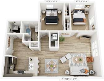 A floor plan of a small apartment with two bedrooms, a living room, a kitchen, and a bathroom.