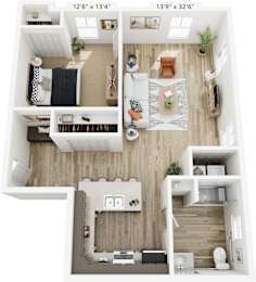 A floor plan of a small apartment with a living room, kitchen, and two bedrooms.