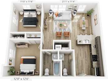 A floor plan of a small apartment with a living room, kitchen, and two bedrooms.