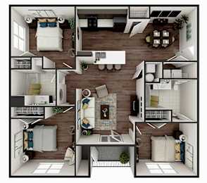 Floor Plan  A top-down view of a small apartment layout with a kitchen, living room, and bedrooms.