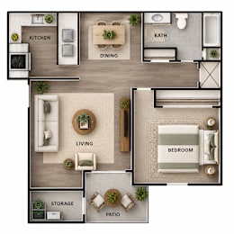 A floor plan of a house with a living room, dining room, kitchen, bathroom, bedroom, storage, and patio.