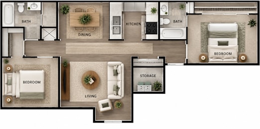 A floor plan of a house with a living room, dining room, kitchen, and multiple bedrooms.