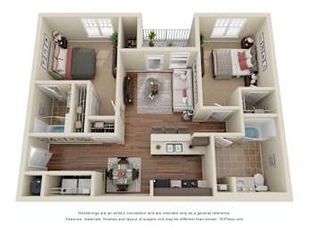 Floor Plan  A 3D floor plan of a small apartment with a kitchen, living room, and bedrooms.