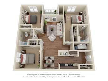 Floor Plan  A 3D floor plan of a house with a kitchen, living room, and two bedrooms.
