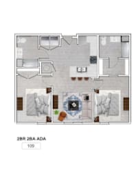 Floor Plan  A floor plan of a 2BR 2BA ADA apartment.