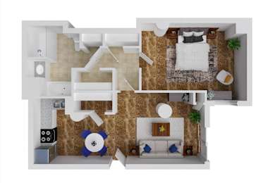a floor plan of a two bedroom apartment with a living room and a bedroom with a bed
