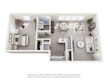 Floor Plan  A top-down view of a small, neatly organized apartment with a kitchen, living room, and bathroom.
