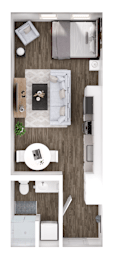 A top-down view of a small apartment with a bed, desk, and kitchenette.