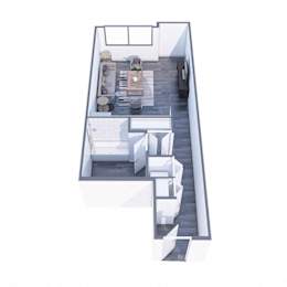 A top down view of a modern apartment with a kitchen, living room and bathroom.