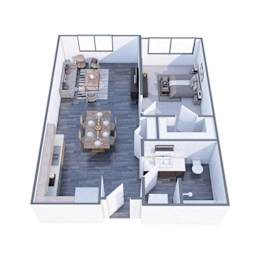 A 3D floor plan of a house with a dining area, kitchen, and bathroom.