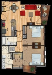 B3 floor plan 2 bed 2 bath 1040 sqft