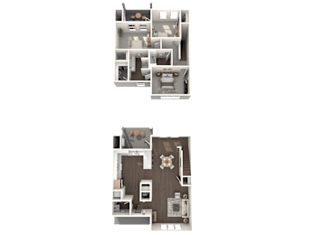 Two images of a house layout with a kitchen, living room, and bedrooms.