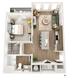 A 3D floor plan of a house showing a living room, kitchen, and two bedrooms.
