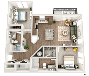 A detailed 3D floor plan of a two-bedroom apartment.