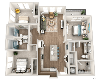 A detailed 3D floor plan of a three-bedroom apartment.