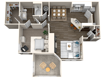 A 3D floor plan of a house with multiple rooms and furniture.