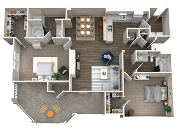 A detailed 3D floor plan of a house showing all rooms and their furnishings.