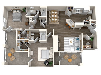 A detailed 3D floor plan of a house showing all rooms and furniture layout.