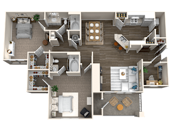 A detailed 3D floor plan of a two-story residential apartment.