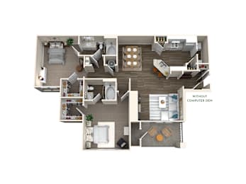 A floor plan of a house with a living room, kitchen, and two bedrooms.