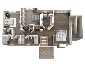 A 3D floor plan of a house with a kitchen, living room, dining room, and two bedrooms.