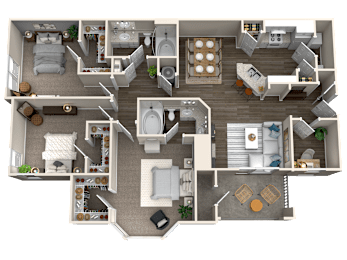 A detailed 3D floor plan of a two-story house with multiple rooms and furniture.