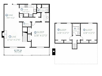 A floor plan of a two bedroom apartment with a living room, kitchen, and bathroom.