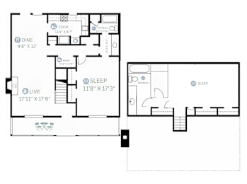 A floor plan of a two-bedroom apartment with a living room, kitchen, and bathroom.